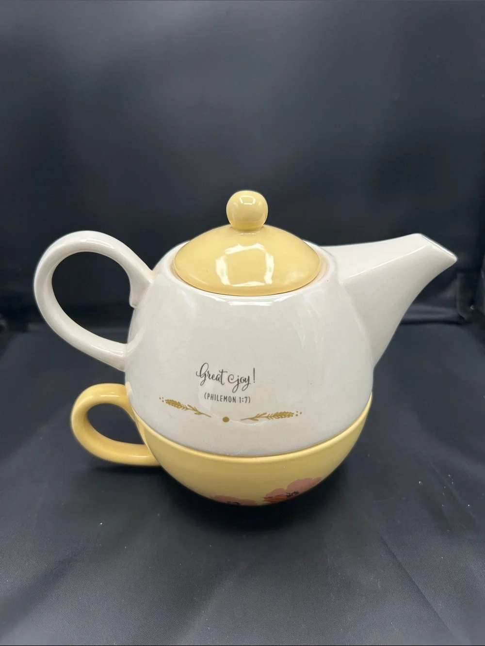 EUC DaySpring Tea for One Set Teapot & Cup Philemon 1:7 Yellow Floral